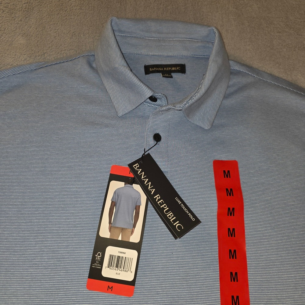 Banana Republic Luxe Touch Polo Mens Medium Blue Micro Stripe Short Sleeve Shirt